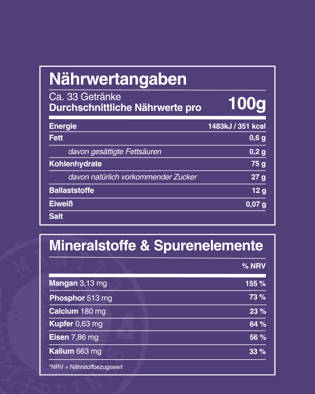 Nährwertangaben des Ube-Pulvers Ube Nolia, Mineralstoffe und Spurenelemente