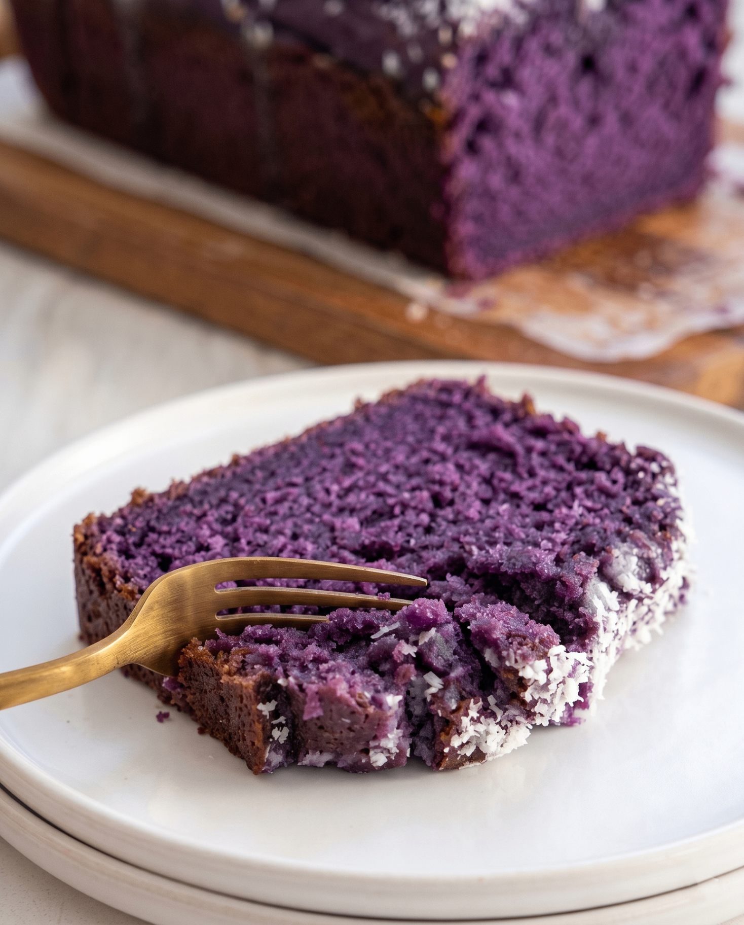 Ube-Kokosnuss-Kuchen: Feuchter violetter Kuchen mit schneeweißer Kokosnussglasur