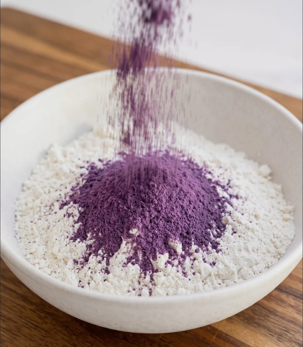 Ube Nolia purple Ube-Pulver being sifted into a bowl of white flour for ube coconut loaf cake