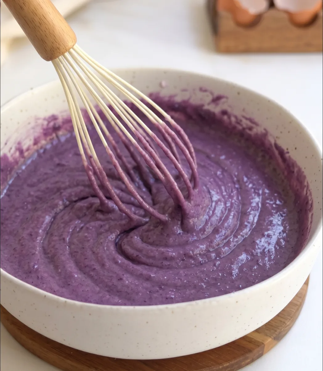 Glatter lila Ube-Kokosnuss-Kuchenteig wird in einer Schüssel für UBE NOLIA® Kastenkuchen verrührt