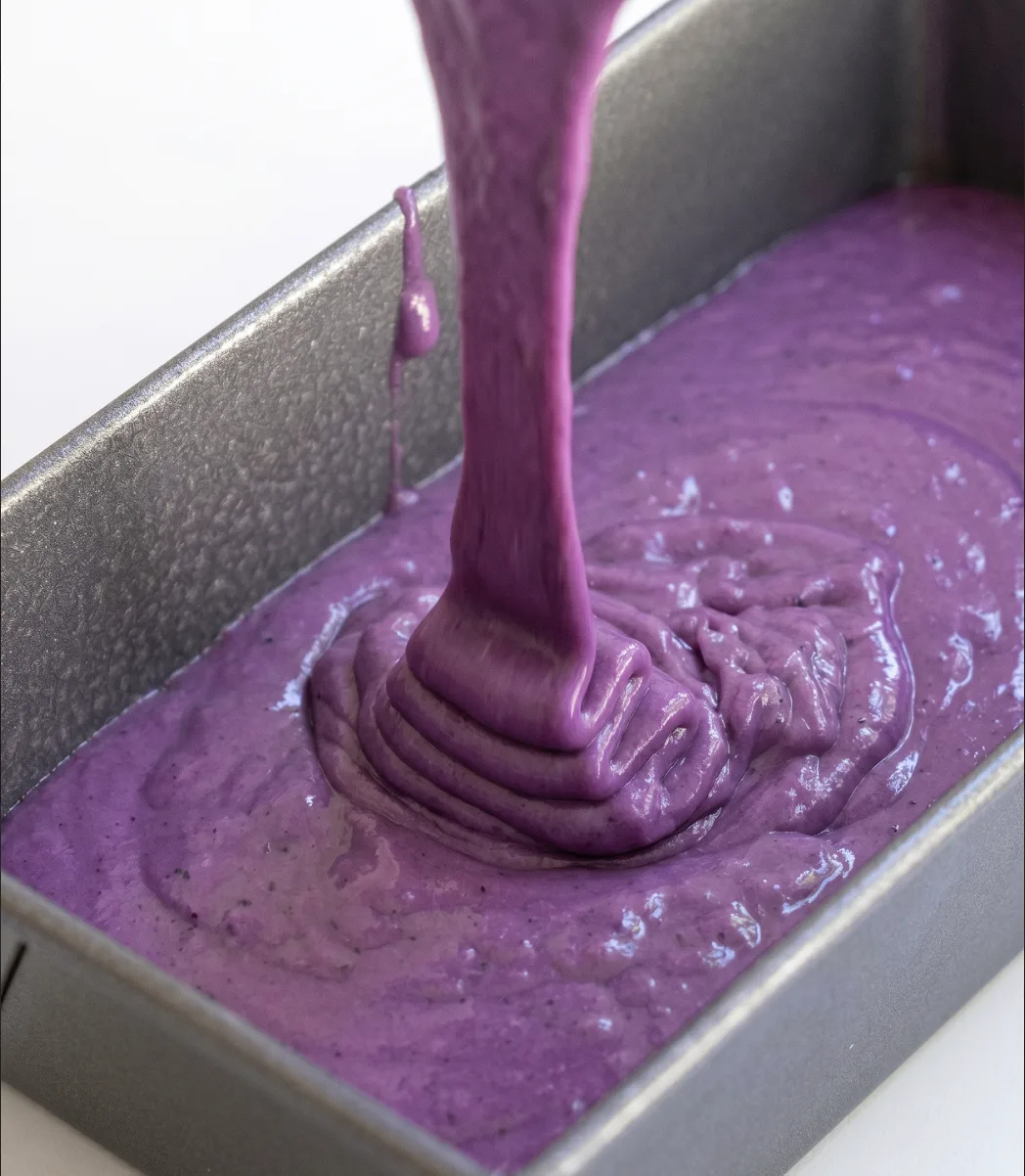 Lila Ube-Kokosnuss-Kastenkuchenteig wird in eine Metall-Kastenform für UBE NOLIA® Rezept gegossen