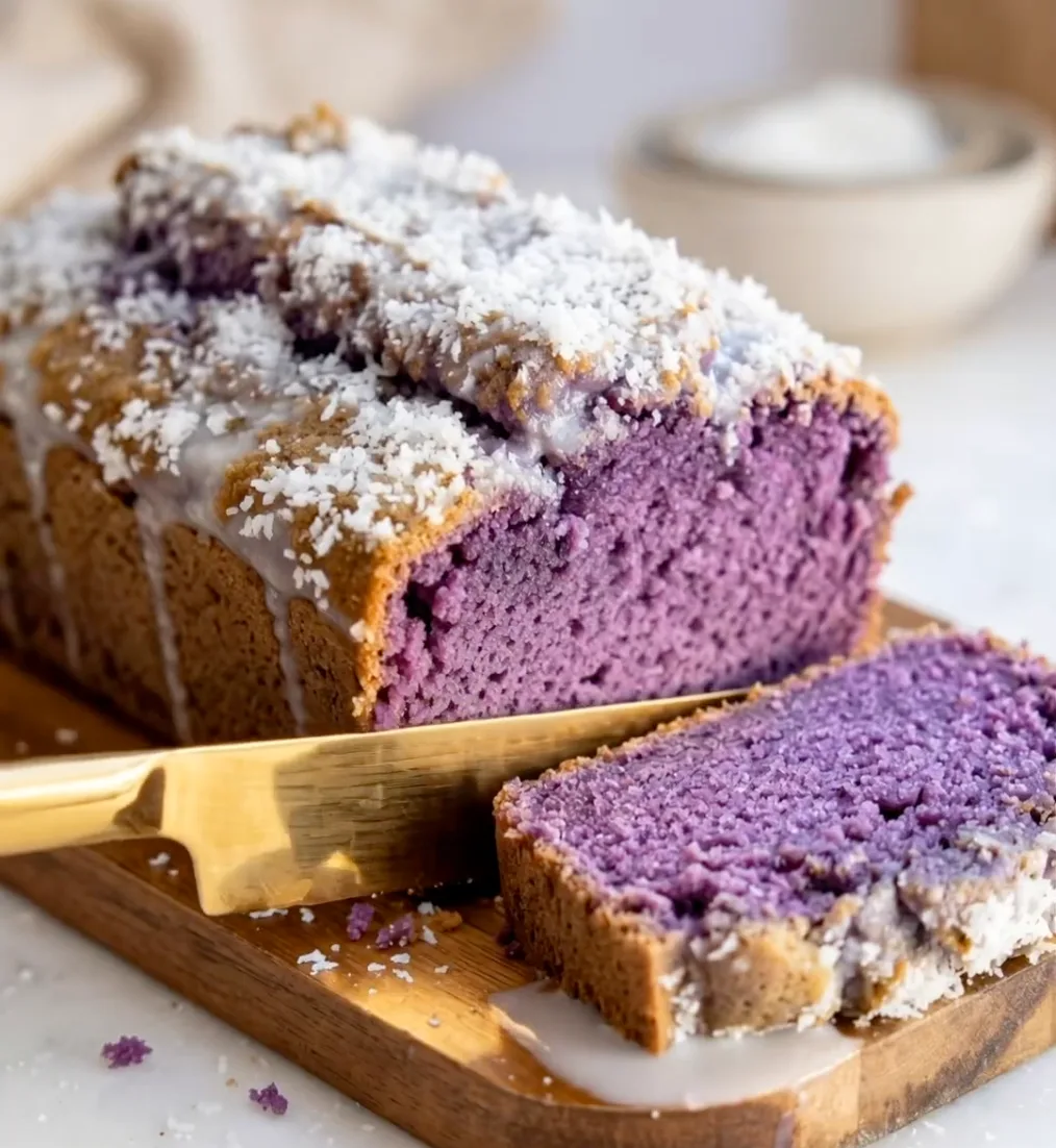 Geschnittener lila Ube-Kokosnuss-Kastenkuchen auf einem Holzbrett mit weißem Kokos-Topping und einem goldenen Messer, UBE NOLIA® Rezept