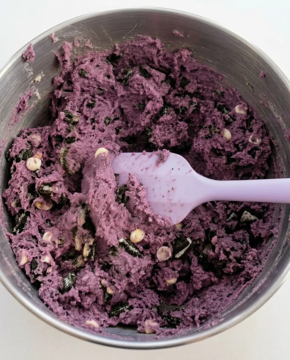 Ube Oreo Cookie Teig im New York Style mit weißen Schokoladenstückchen und zerstoßenen Oreo-Stücken in einer Rührschüssel