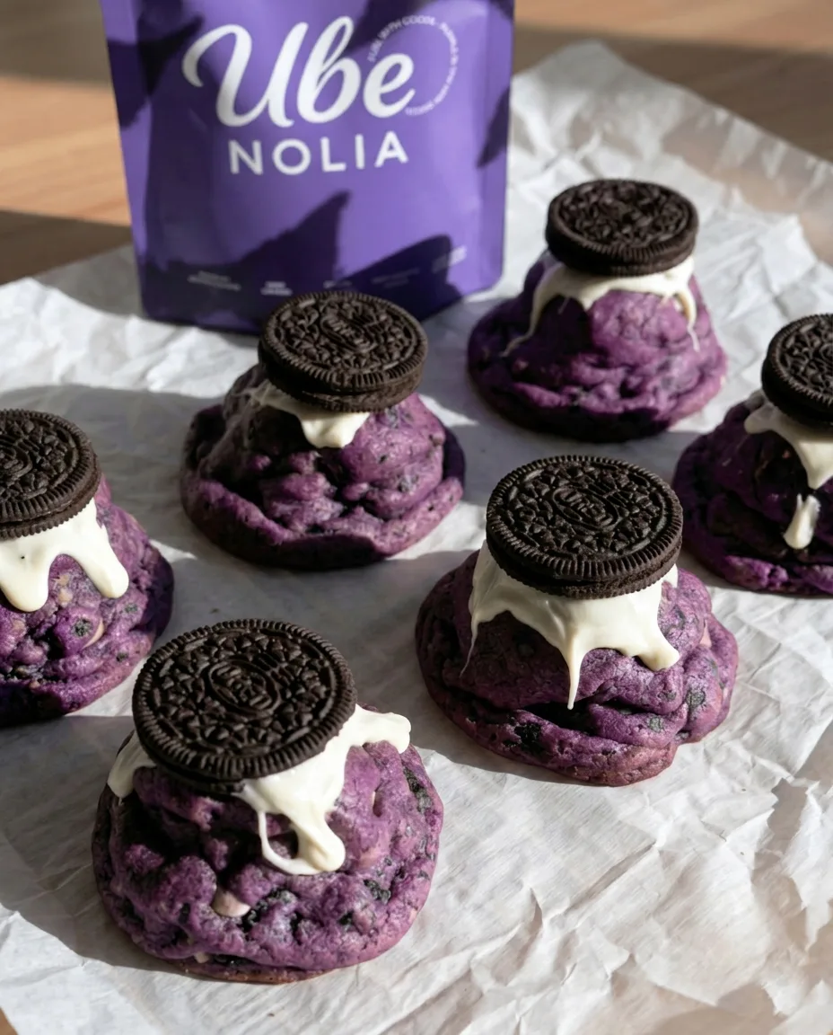 Die besten Ube Oreo Cookies – Ube Oreo Chunky New York Style Cookies Ube-Pulver Beutel und tropfende weiße Schokolade | Ube Nolia
