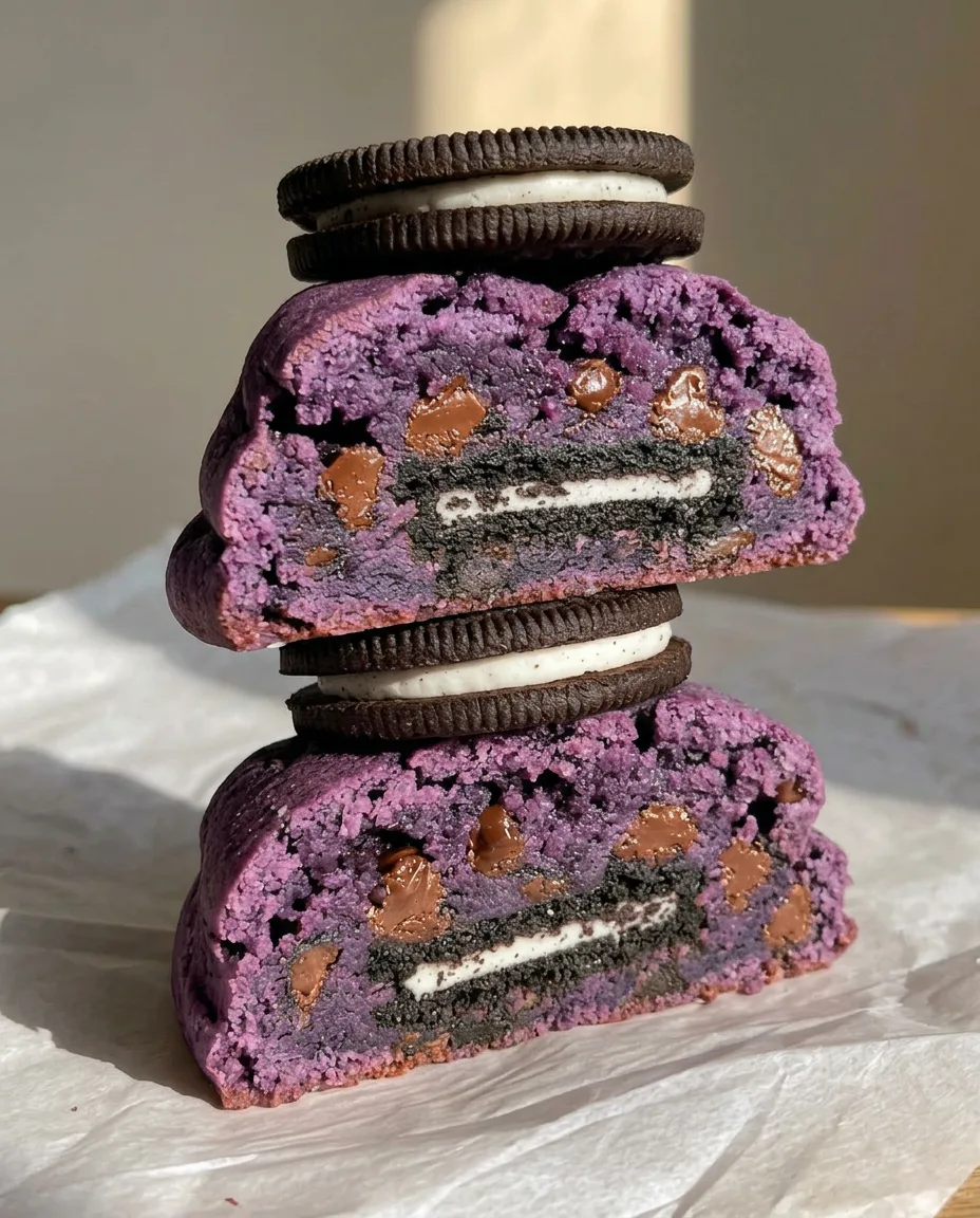 Die besten Ube Oreo Cookies – Querschnitt gestapelter Ube Oreo New York Style Cookies, der den ganzen Oreo-Kern, weiße Schokolade | Ube Nolia zeigt