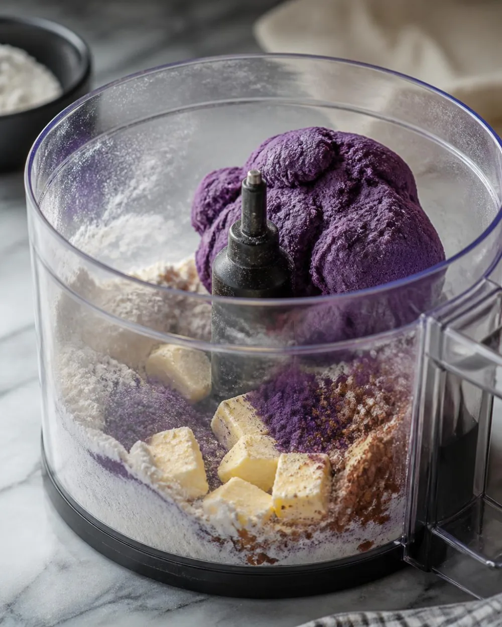 Ube Oreo Keksteig – violetter Teig in einer Küchenmaschine mit Ube-Pulver, Mehl, Kakao und Butter | Ube Nolia