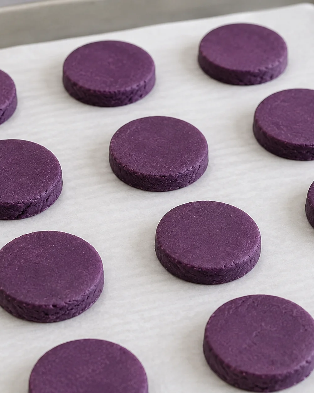 Ube Oreo Waffeln – Hände drücken lila Ube-Teig zu dünnen 3 mm runden Formen auf Backpapier | Ube Nolia
