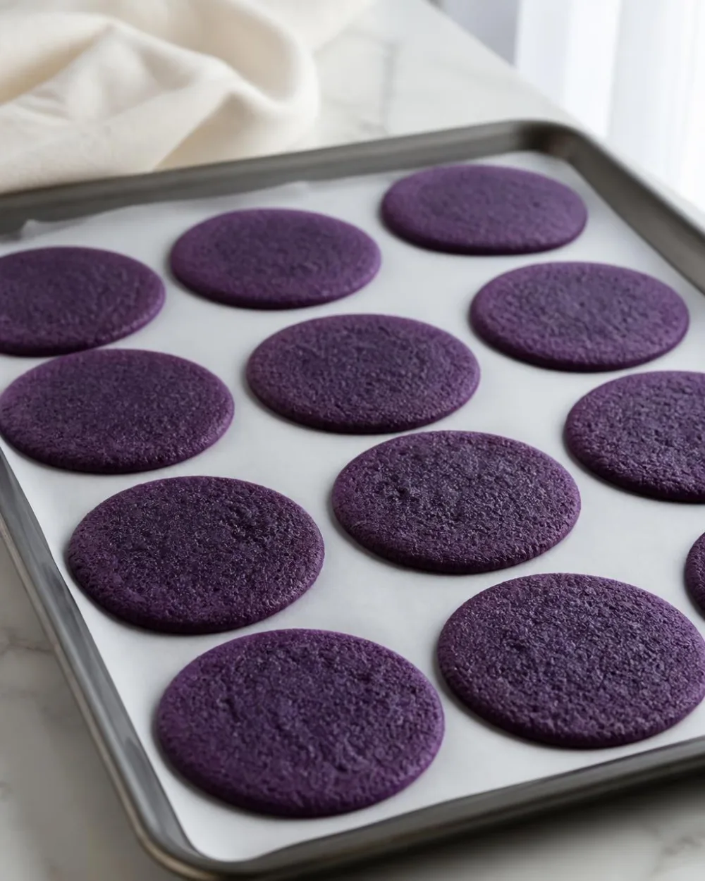 Gebackene Ube Oreo Waffeln – lila Ube-Keksscheiben kühlen auf einem Backblech ab | Ube Nolia