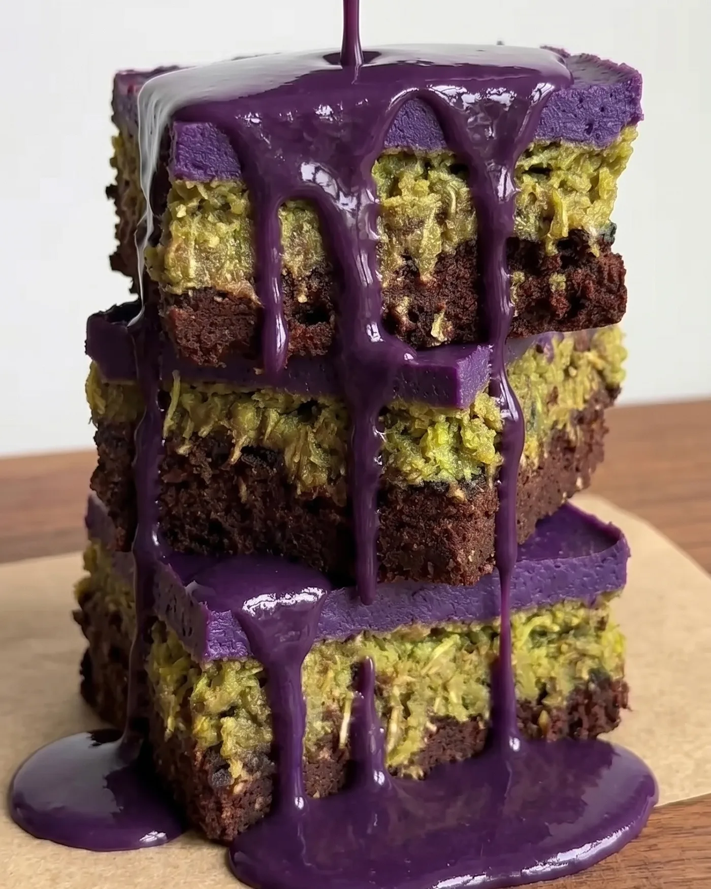 Gießbare Ube Drip Sauce, die über einen Stapel Ube Dubai Chocolate Brownie Riegel von Ube Nolia fließt